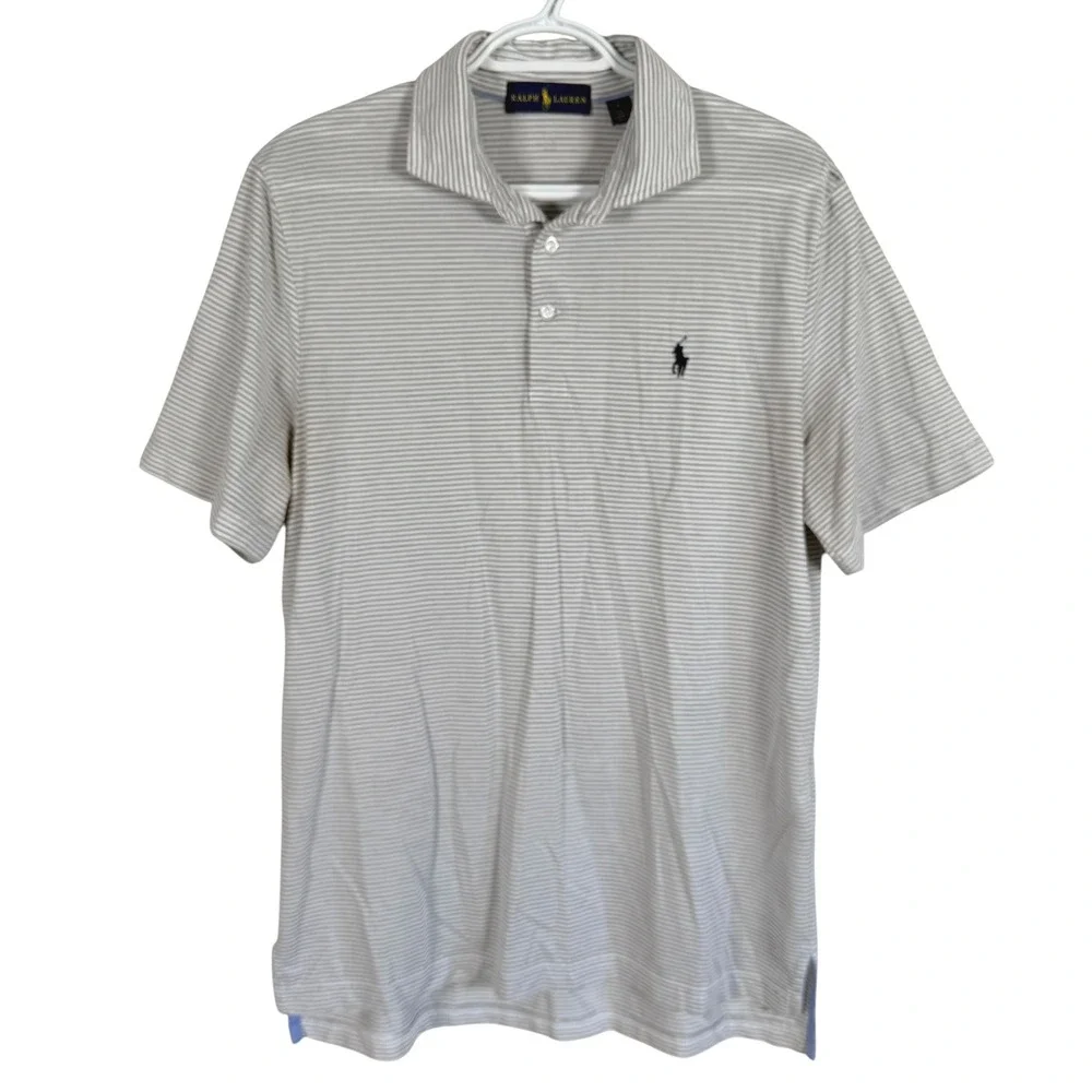 Ralph Lauren Polo Shirt Mens M Grey White Striped Short Sleeve Pony Logo read